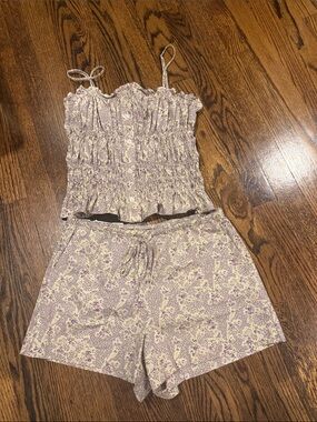 Zara Cream & Lavender Floral Smocked Cami and Shorts Set